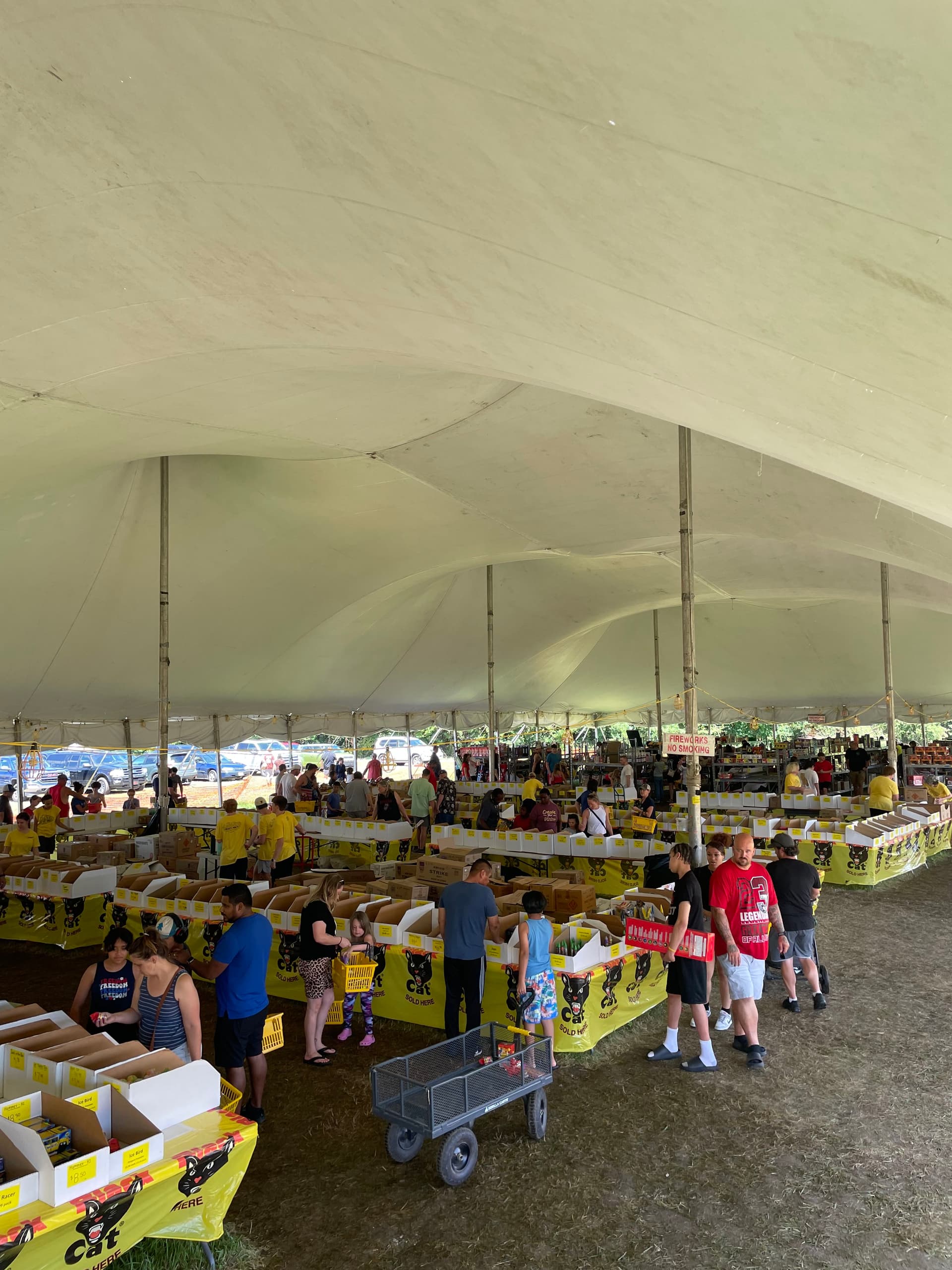 Interior of Crazy Joe's 200-foot Kansas City fireworks stand stocked with artillery shells and assortments